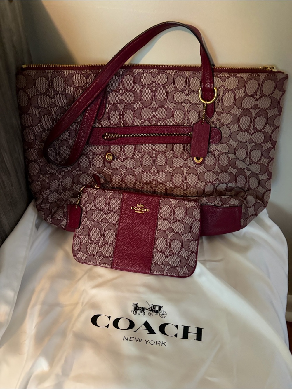 Coach Monogram Tote with Matching Wristlet in Burgundy and Pink